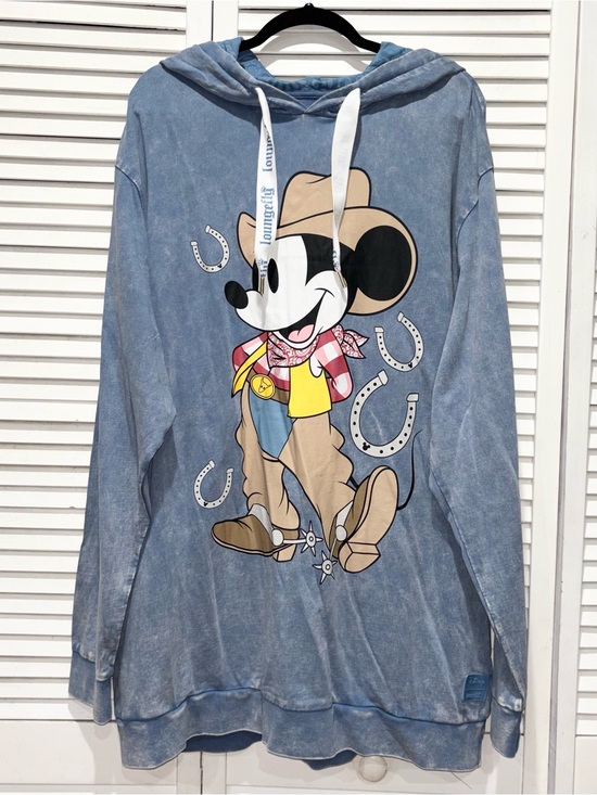 Loungefly Sweaters - Loungefly Blue Mineral Wash Mickey Cowboy Western Graphic Hoodie Size XL